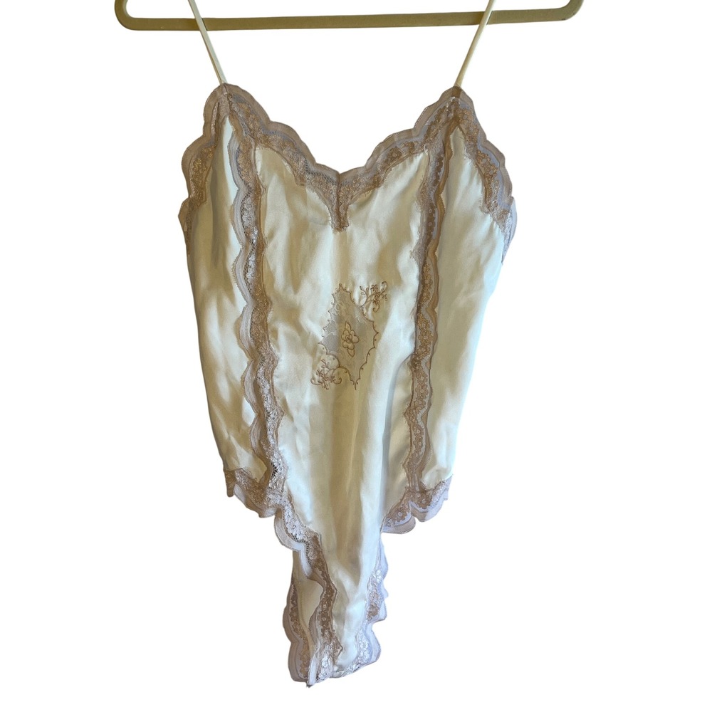 Vintage Val Mode Coquette Bodysuit White Pink Embroidered Lace Trim Petite XS
